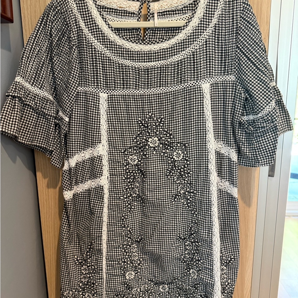 Free People Gingham Embroidered Mini Dress | Crochet Trim | Boho (Black) - Picture 3 of 6